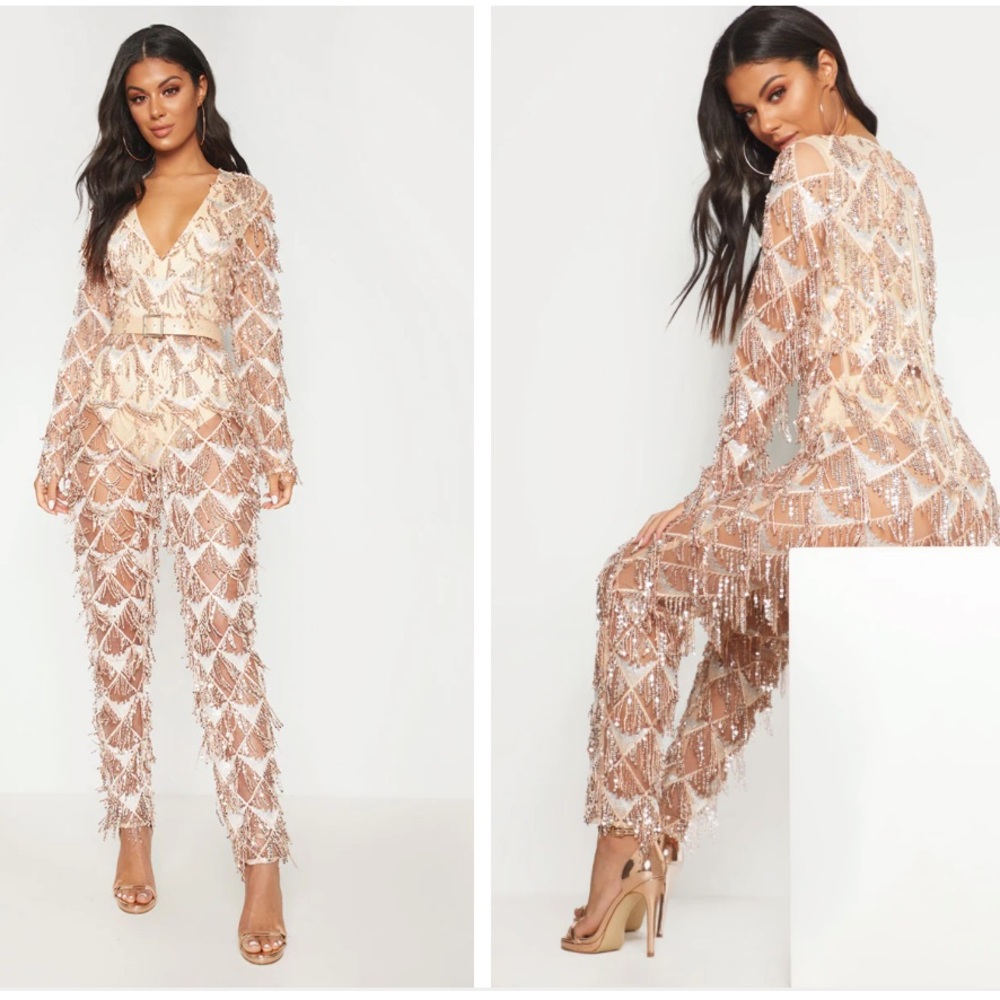 Rose Gold Tassel Sequin Plunge Jumpsuit